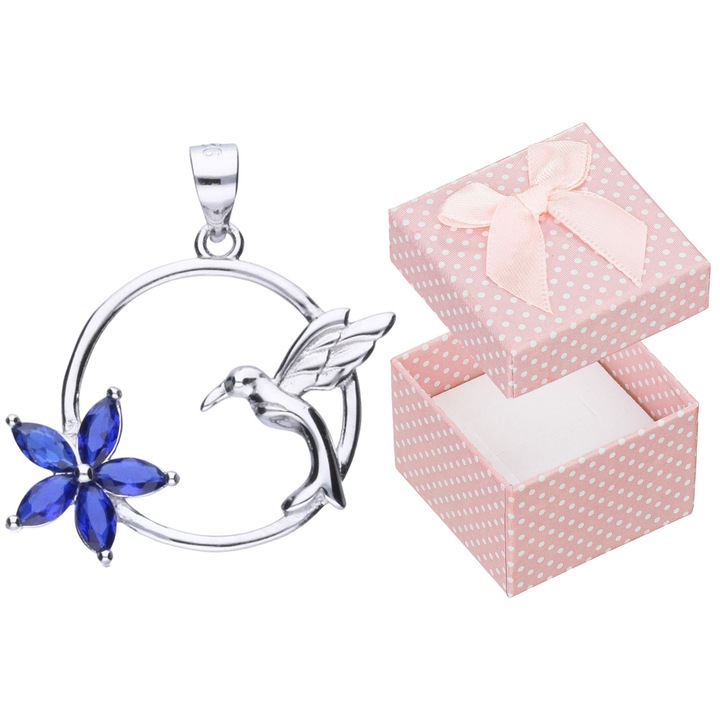 Pandantiv din argint cu zirconii, Siju, colibri si floare, argint rodiat, set cu cutie de bijuterii