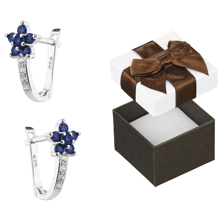 Cercei din argint 925 cu zirconii, flori, set cu cutie cadou, 13x6mm