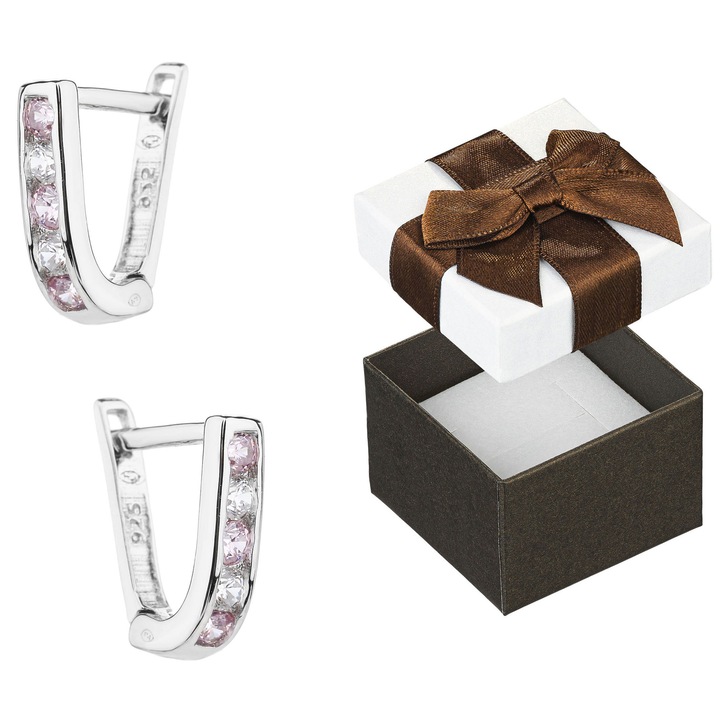 Cercei din argint cu zirconii, Siju, argint rodiat, roz, 10x2,5mm, set cu cutie cadou