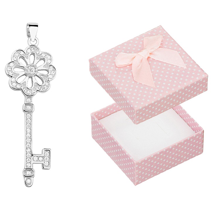 Pandantiv argintiu in forma de cheie cu zirconii, Siju, set cu cutie de bijuterii