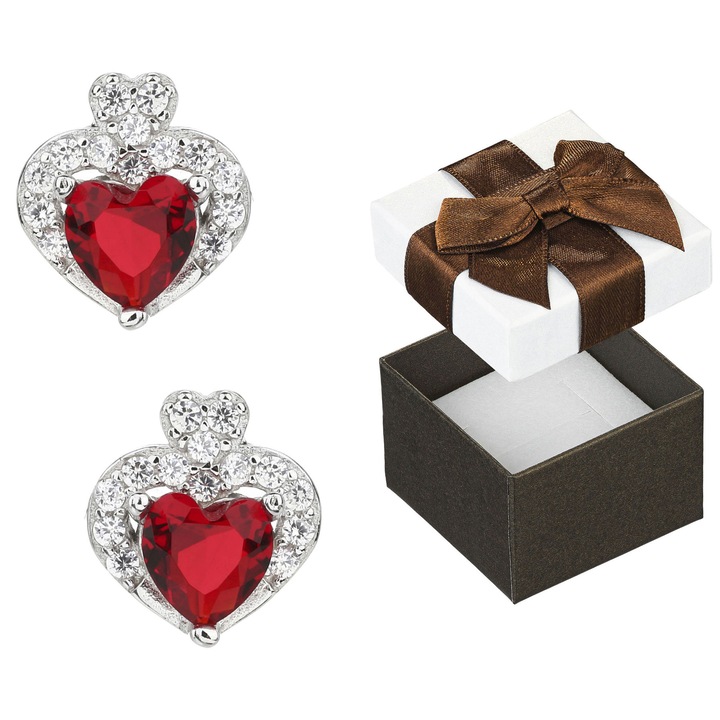 Cercei din argint 925, cu zirconii rosii, model inimioare, set cu cutie cadou