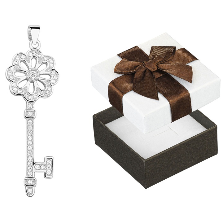 Pandantiv argintiu in forma de cheie cu zirconii, Siju, set cu cutie de cadou