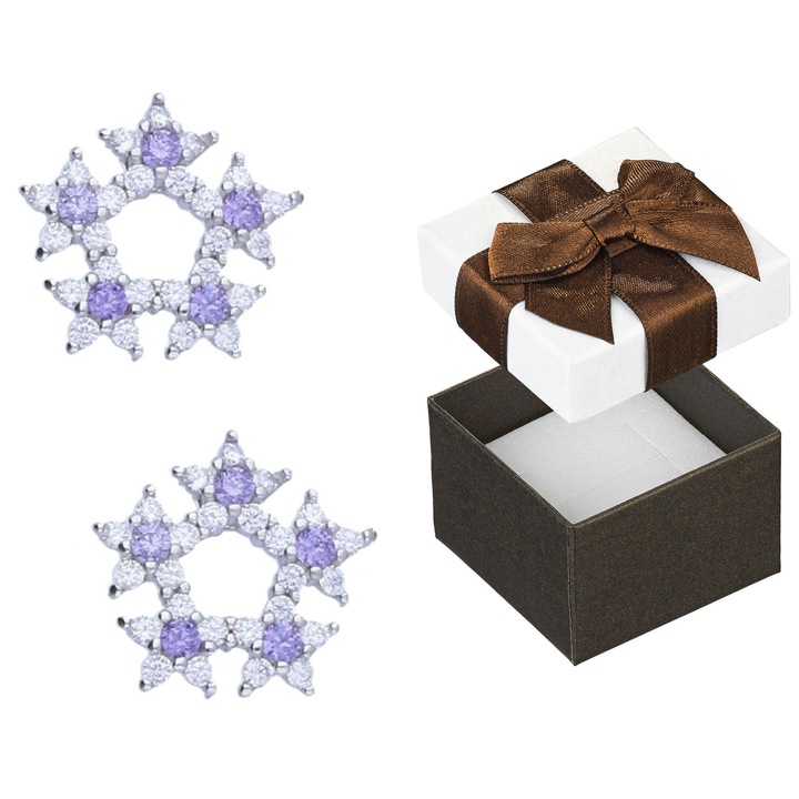 Cercei din argint cu zirconii, Siju, flori mov, 10x11mm, set cu cutie cadou