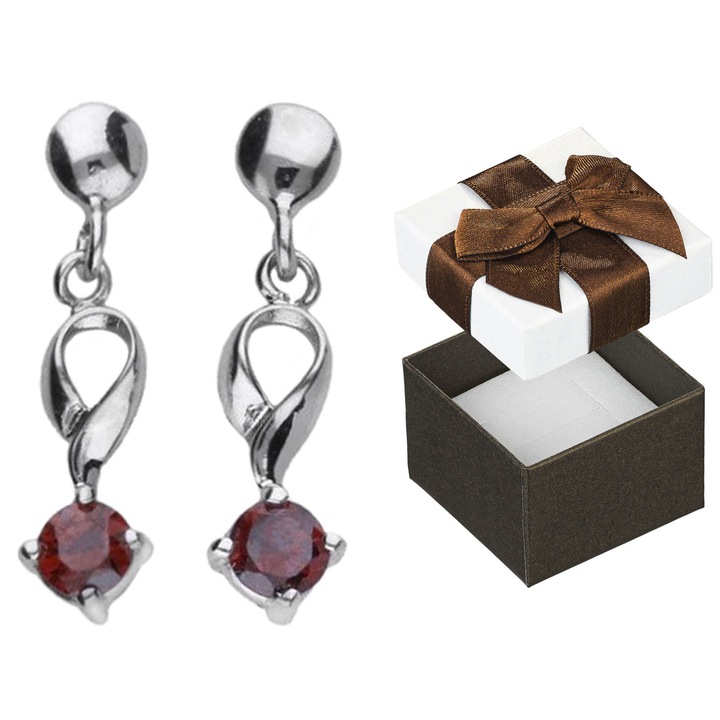 Cercei argintii cu zirconii rosii, Siju, 20x5mm, set cu cutie de cadou