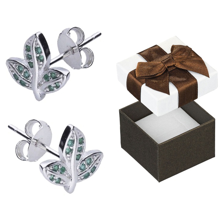 Cercei din argint cu zirconii verzi, Siju, 10x10mm, set cu cutie cadou