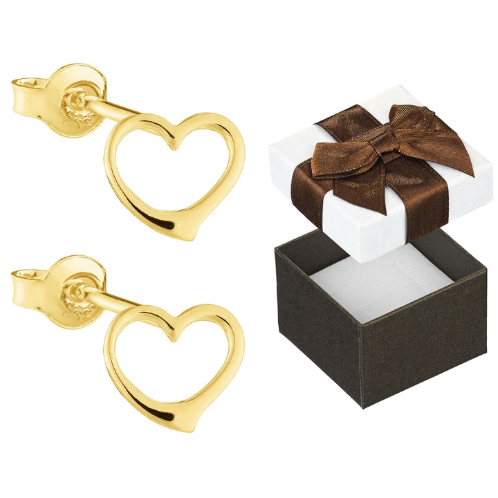 Cercei din argint 925 placati cu aur, forma inimioare, set cu cutie cadou, Siju