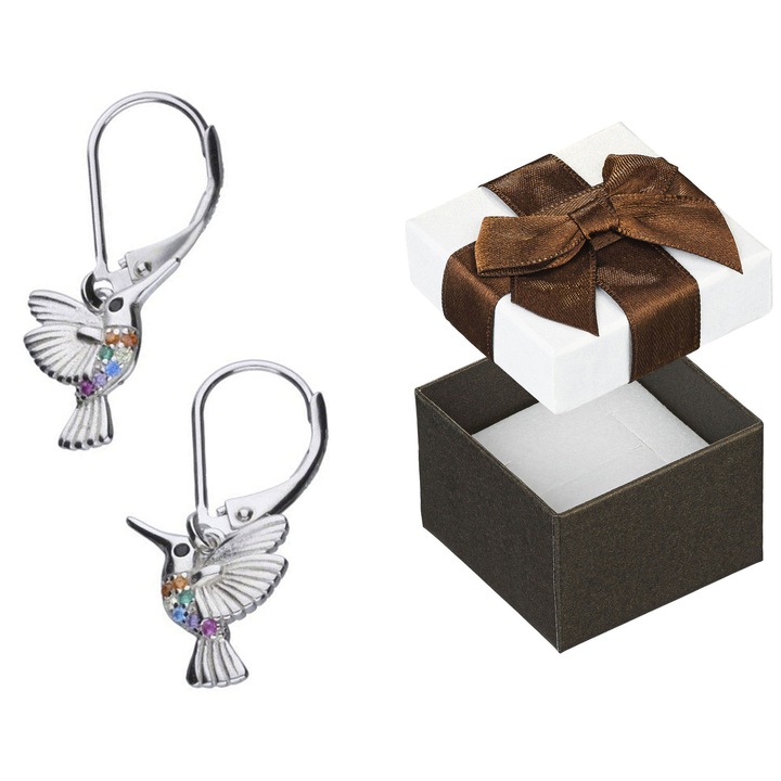 Cercei din argint 925, cu zirconii multicolori, model colibri, set cu cutie cadou, Siju
