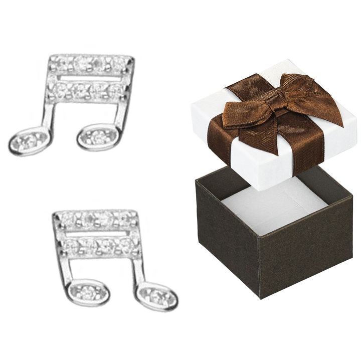 Cercei din argint cu forma de note muzicale, Siju, cu zirconii, 7x8mm, set cu cutie cadou