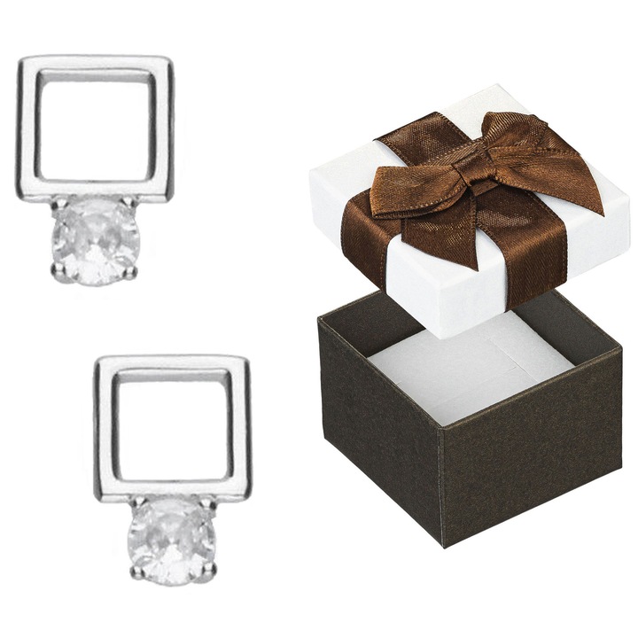 Cercei Siju, argint 925, patrati, cu zirconii, set cu cutie de cadou