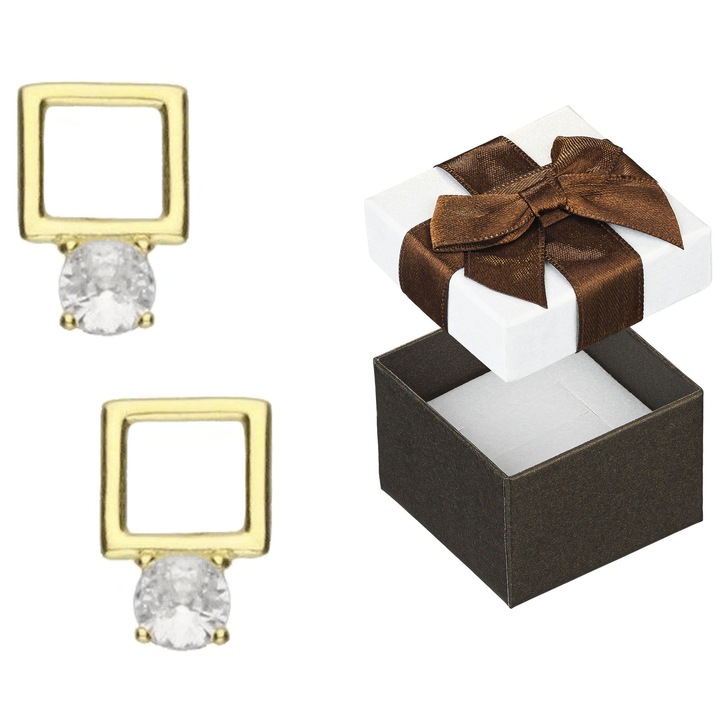 Cercei argintii patrati cu zirconii, Siju, 10x6,5mm, set cu cutie cadou