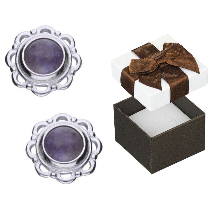 Cercei din argint 925 cu ametist, set cu cutie cadou, 11,5x11,5mm, violet, Siju