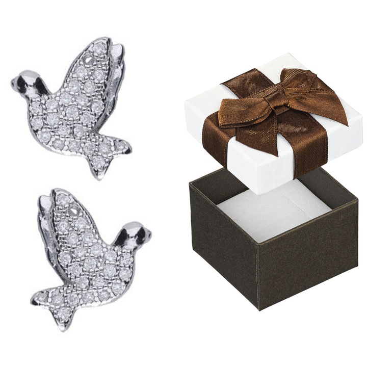 Cercei din argint cu zirconii, Siju, forma pasari, argint rodiat, 11x12mm, set cu cutie cadou