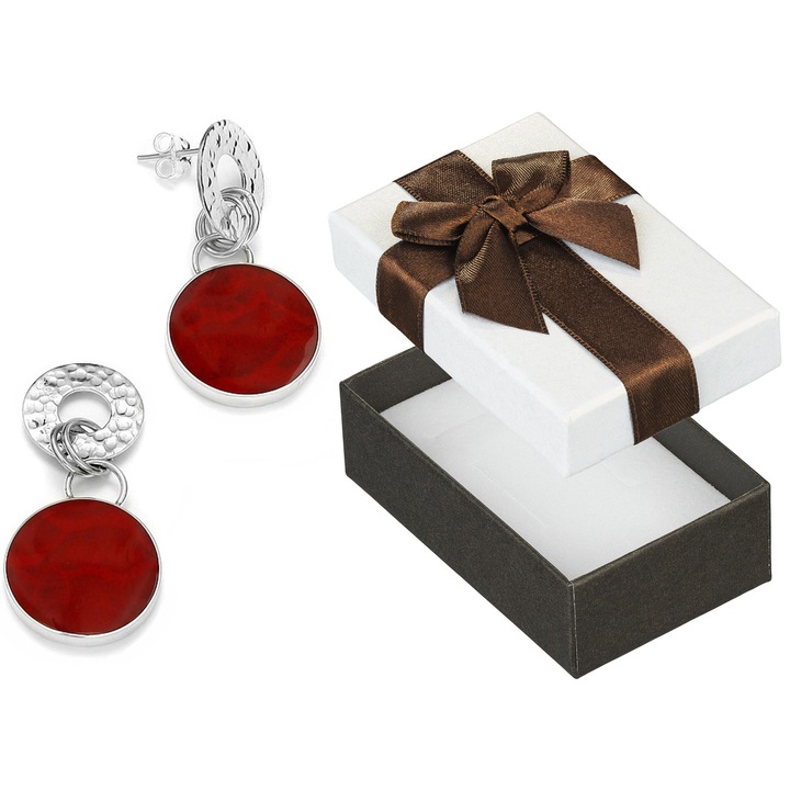 Cercei din argint 925 cu coral, set cu cutie cadou, 37x17mm, hipoalergenici, Siju