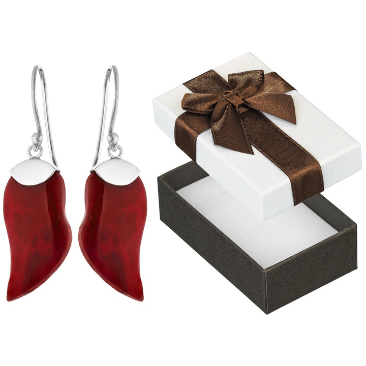 Cercei ovali cu coral rosu, Siju, argint 925, set cu cutie de cadou, 39x13mm