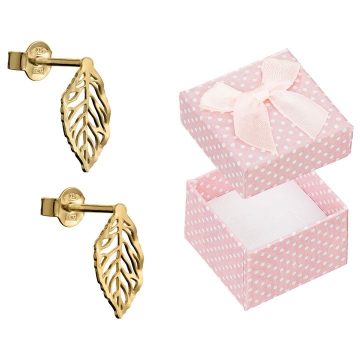 Cercei argintii aurii in forma de frunze, Siju, set cu cutie de bijuterii, 13x7mm
