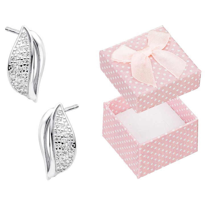 Cercei argintii cu zirconii, Siju, rodiat 925, 14x8mm, set cu cutie cadou