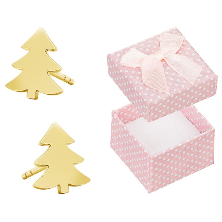 Cercei din argint 925 placati cu aur, forma brad, set cu cutie cadou, roz cu buline albe, 8x6mm