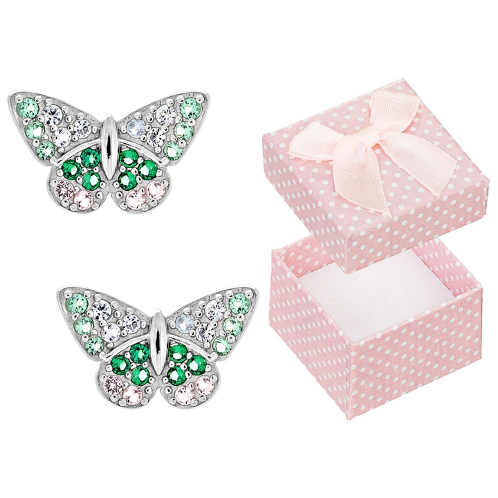 Cercei argintii motila cu zirconii, Siju, 7x11mm, set cu cutie de cadou