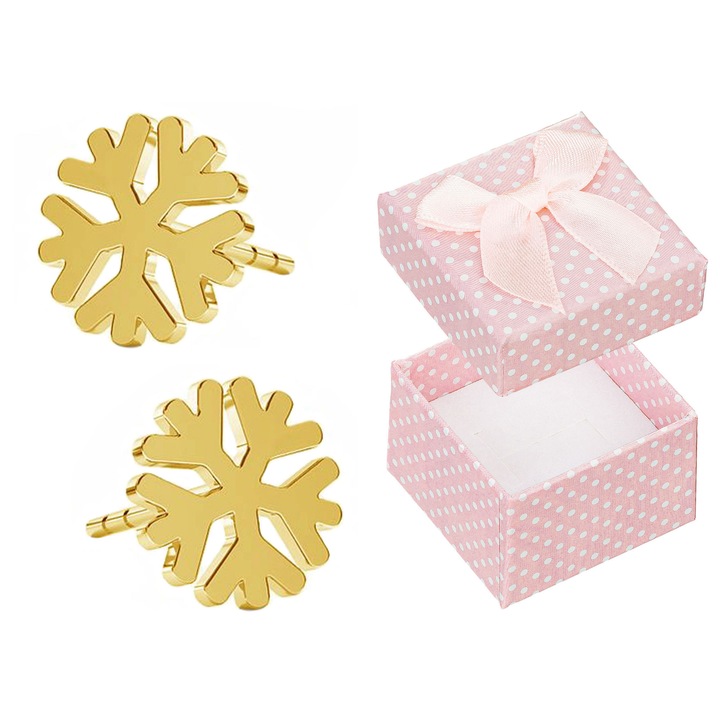 Cercei din argint 925 placati cu aur, forma fulg de zapada, set cu cutie de bijuterii, 8x8mm