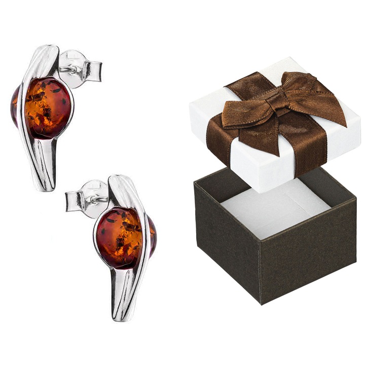 Cercei din argint 925 cu chihlimbar, set cu cutie cadou, culoare bruna, dimensiuni 19x8mm