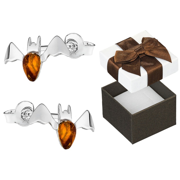 Cercei argintii cu forma de lilieci si chihlimbar, set cu cutie de bijuterii, Siju