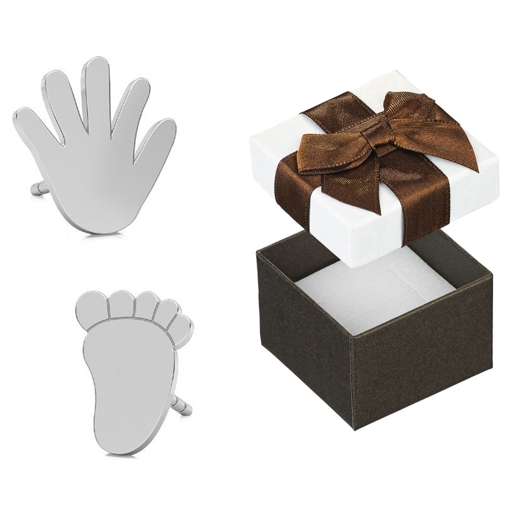 Cercei asimetrici din argint 925, model mana si picior, set cu cutie cadou, 9x9mm, hipoalergenici