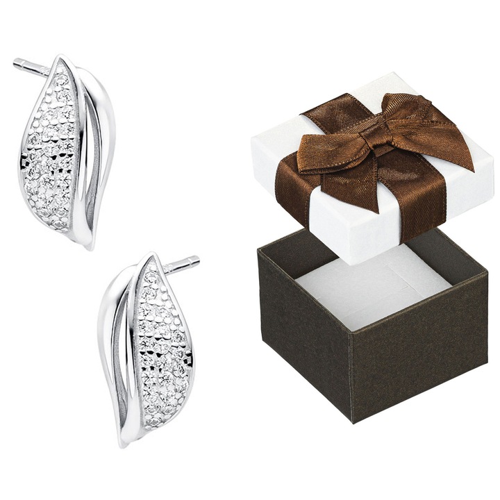 Cercei din argint 925 cu zirconii, set cu cutie cadou, 14x8mm, argintiu