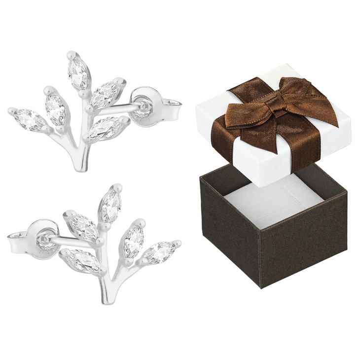 Cercei argintii cu zirconii, Siju, model ramuri, 8x10mm, set cu cutie cadou
