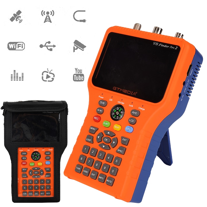 Сателитен детектор, Bedee®, за сателитни системи (DVB-S2X/S2/S) и кабел/ефир (DVB-T2/T/C), H.265, HDMI изход (1080p), V8 finder pro, 7.4V/4000mah, 10W, 204*123*45mm, 0.6kg