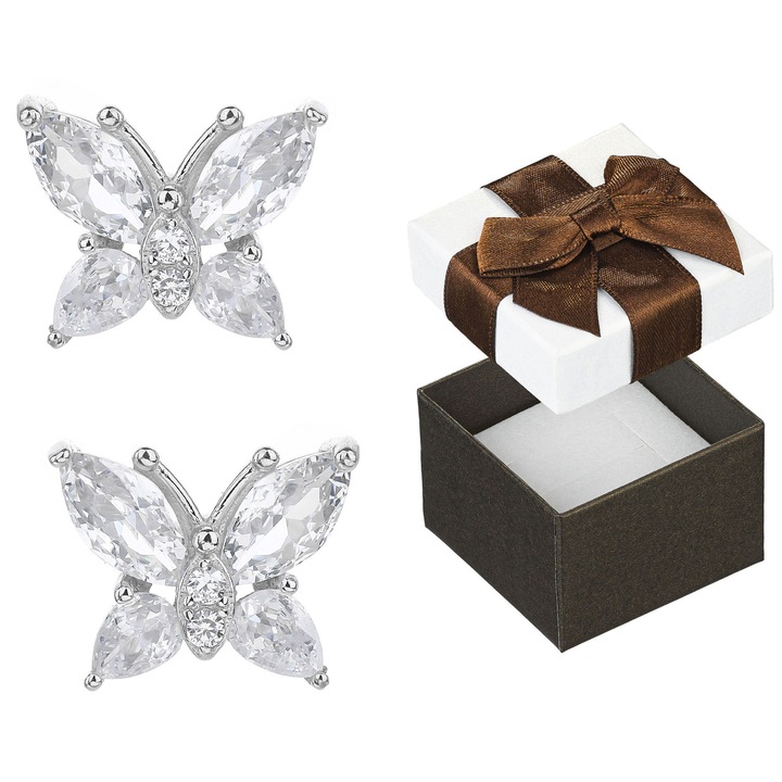 Cercei argintii fluturi cu zirconii, Siju, 10x12mm, set cu cutie cadou