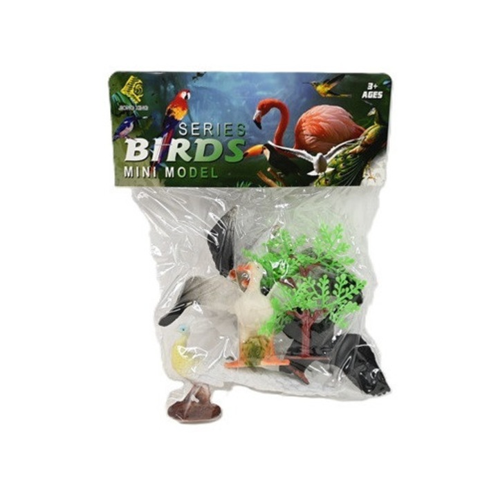 Комплект фигурки птици, 5 броя, с дърво, за деца