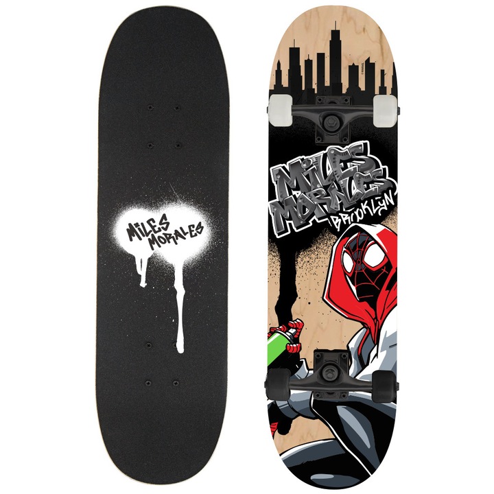 Skateboard din lemn Spider-Man, 61x15cm, 9 straturi, antiderapant, 1,2kg, set de protectie necesar