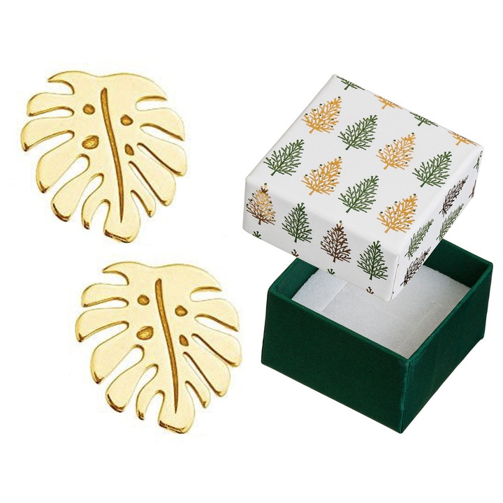 Cercei dama, Siju, argint 925 placati cu aur, model frunze monstera