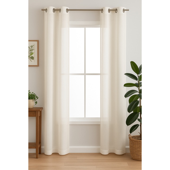 Perdea transparenta cu dungi verticale, fildes, 140x240 cm