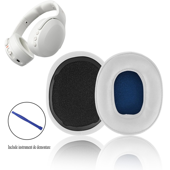 Set 2 bureți de schimb pentru căști FooFoony, perne auriculare din piele, alb, spumă cu izolare anti-zgomot