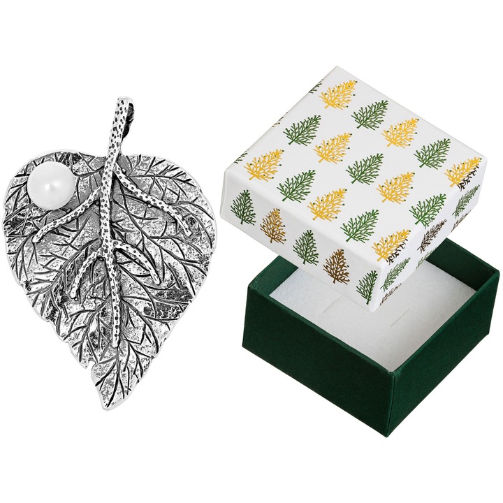 Pandantiv Siju, forma de frunza cu perla, set cu cutie de cadou