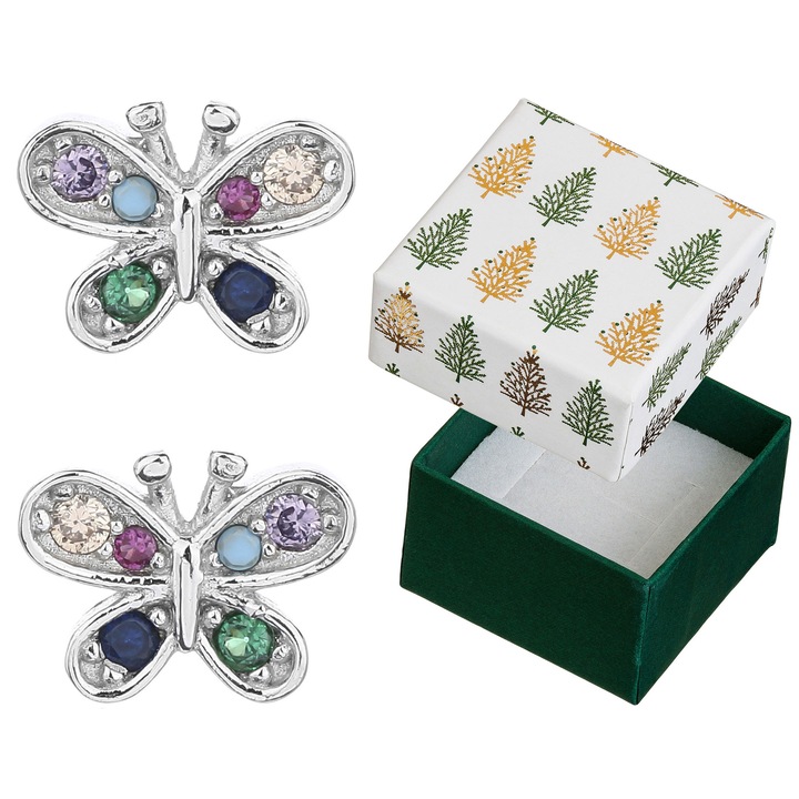 Cercei, Siju, fluture, argint 925, 12 pietre zirconii, multicolor, 6x8mm, cu cutie cadou