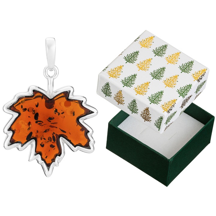 Pandantiv din argint cu chihlimbar, Siju, in forma de frunza de artar, cutie cadou, 39x26mm
