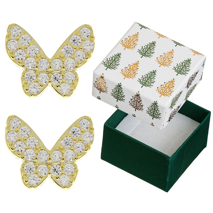 Cercei dama, Siju, pozlati, forma de fluturi, 40 zirconii, 7x9mm, argint placat cu aur