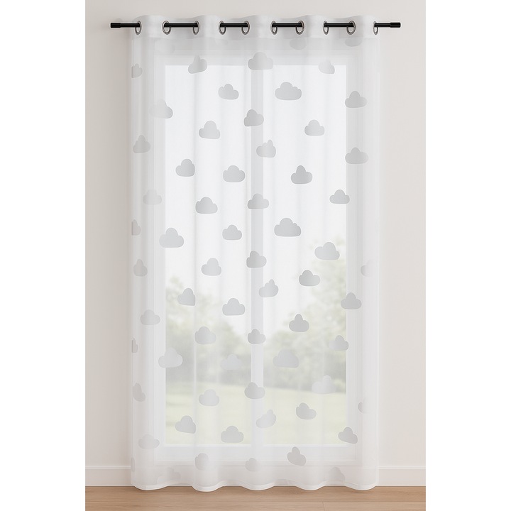 Perdea alba etamina cu nori, catarama decorativa, 140x240cm, poliester