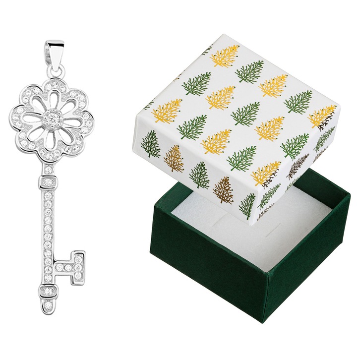 Pandantiv argintiu in forma de cheie cu zirconii, Siju, 925, 39x12mm, set cu cutie de cadou