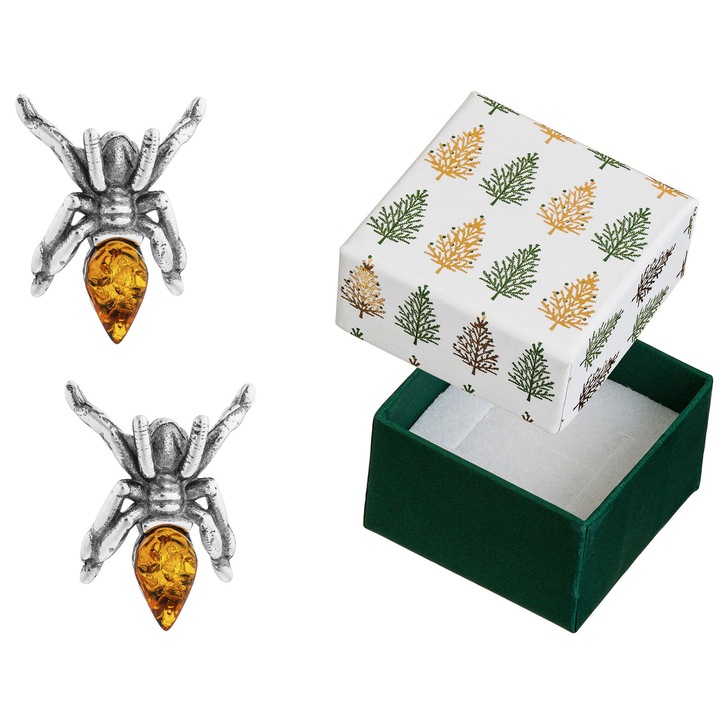 Cercei argintii cu forma de paianjen, Siju, cu chihlimbar, argint 925, set cu cutie cadou, 14mm x 9mm
