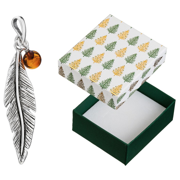 Pandantiv argintiu in forma de pana cu chihlimbar, Siju, 925, 44x10mm, set cu cutie de cadou