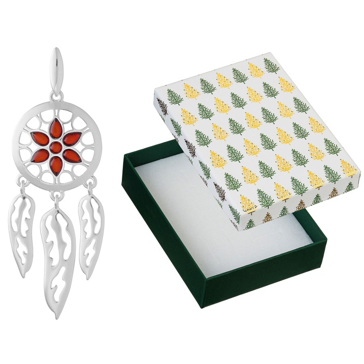 Pandantiv mare din argint cu chihlimbar, Siju, 66x22mm, set cu cutie de cadou