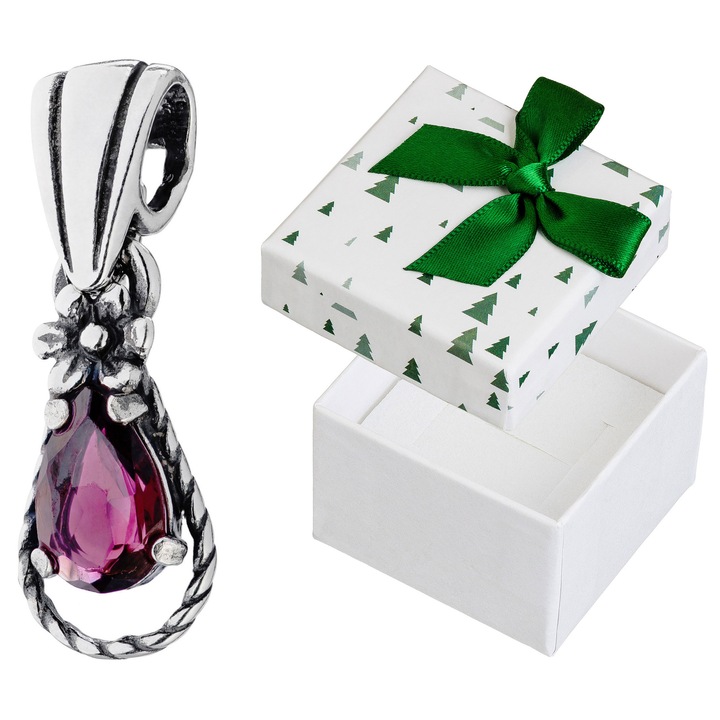 Pandantiv din argint cu zirconiu rosie, Siju, 24x8mm, argint oxidat, set cu cutie cadou