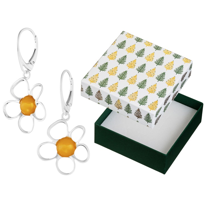 Cercei argintii cu flori si chihlimbar, Siju, 41x22mm