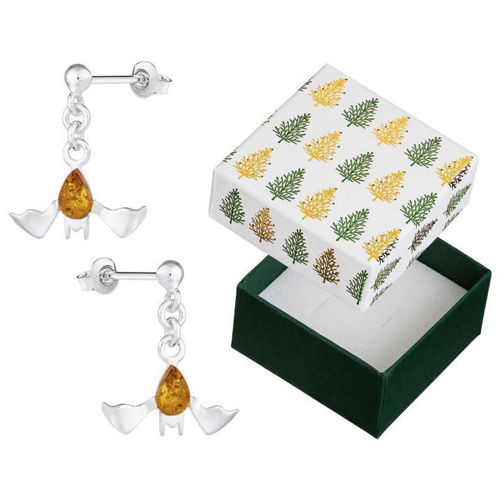 Cercei argintii cu motiv de liliac si piatra de chihlimbar, Siju, 21x12mm