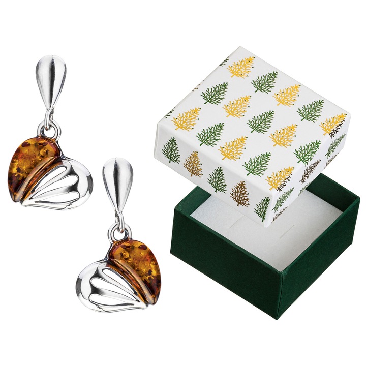 Cercei argintii cu inima si chihlimbar, Siju, 22mm x 13mm