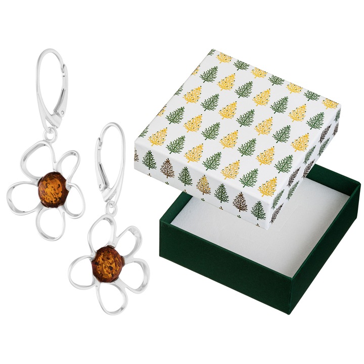 Cercei argintii cu flori si chihlimbar, Siju, 41x22mm