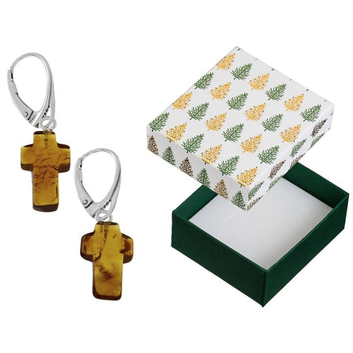 Cercei dama, Siju, argint, cu chihlimbar, argintiu/maro